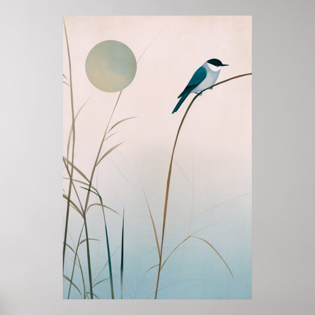 Minimalist Japandi Bird and Bamboo Artwork Poster (Front)
