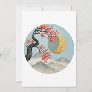 Minimalist Japanese Cherry Blossom Moon Landscape Holiday Card