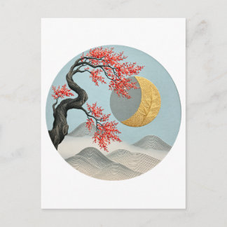 Minimalist Japanese Cherry Blossom Moon Landscape Holiday Postcard