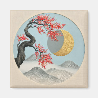 Minimalist Japanese Cherry Blossom Moon Landscape Magnet