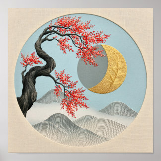 Minimalist Japanese Cherry Blossom Moon Landscape Poster