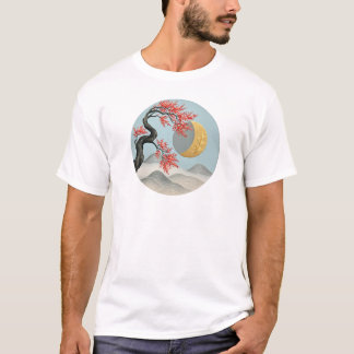 Minimalist Japanese Cherry Blossom Moon Landscape T-Shirt