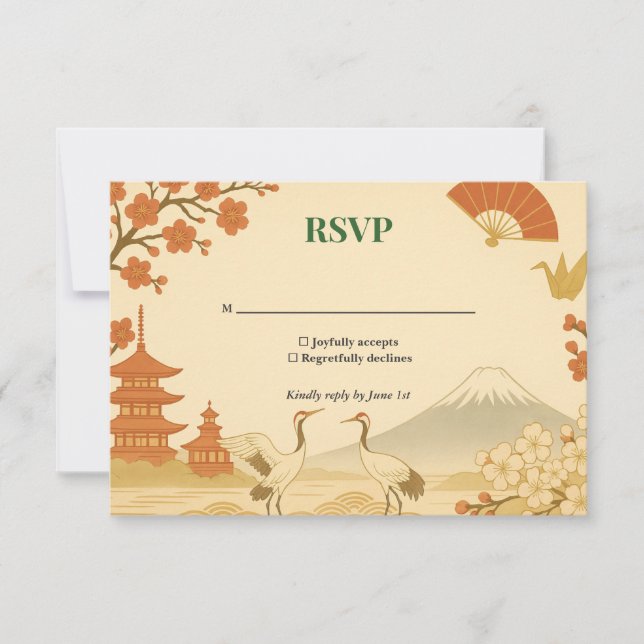 Minimalist Japanese Cherry Blossom Wedding RSVP  Card (Front)