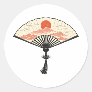 Minimalist Japanese Folding Fan Red Sun Aesthetic Classic Round Sticker