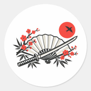 Minimalist Japanese Folding Fan Red Sun Aesthetic Classic Round Sticker