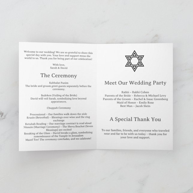 Minimalist Jewish Wedding Program Programme (Inside)