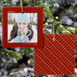 Minimalist Joy Simple Christmas Holiday Photo Red Ceramic Ornament<br><div class="desc">This ornament is simple yet beautiful. It features your photo in a red frame with the word Joy in the top left corner and your family name or signature along with the year in the bottom right corner in gold text. The design is minimalist and clean. The back features the...</div>