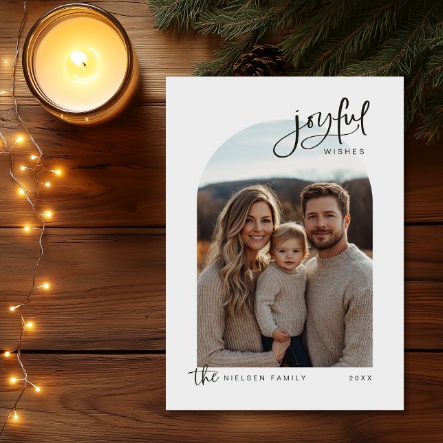 Minimalist Joyful Wishes Script Photo Holiday Card (Shown on a 5" x 7" card)