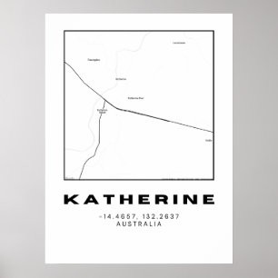 Minimalist Katherine Map with Coordinates   Black  Poster