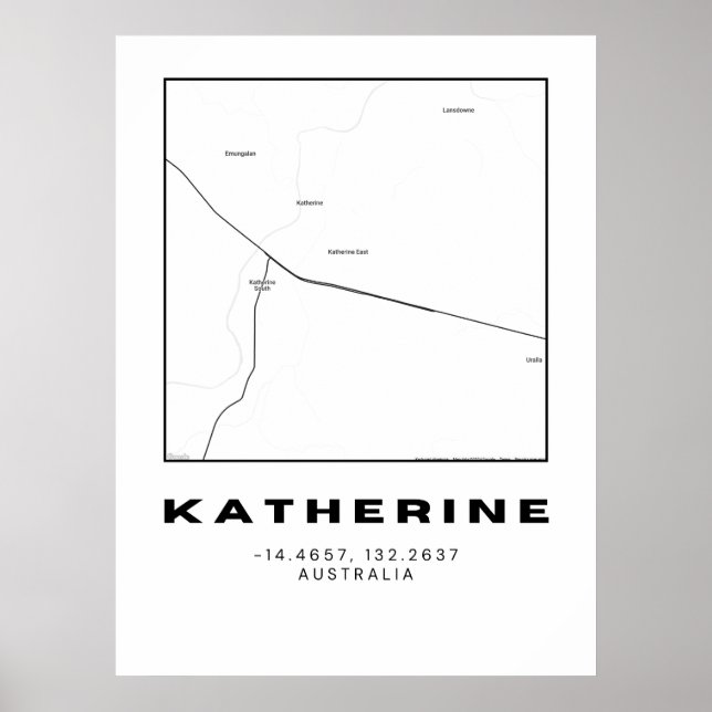 Minimalist Katherine Map with Coordinates | Black  Poster (Front)