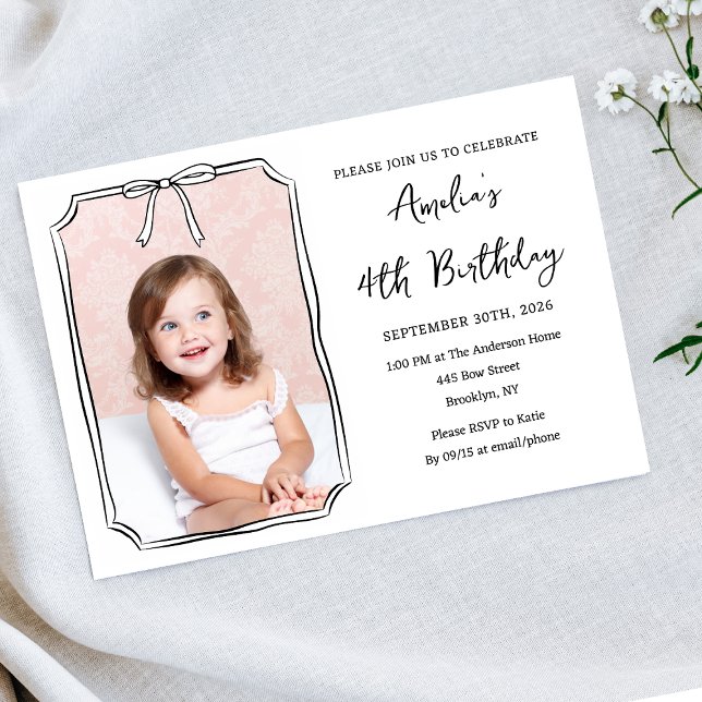 Minimalist Kids Birthday Bow Photo Black & White  Invitation (Creator Uploaded)