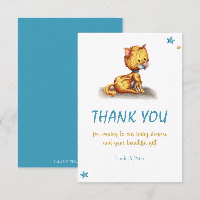Minimalist Kitten Blue Baby Shower Thank You Card (Front/Back)