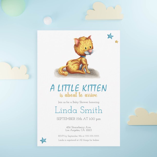 Minimalist Kitten Blue Boy Baby Shower Invitation (Creator Uploaded)