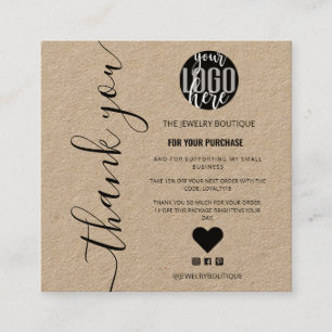 Minimalist Kraft Signature Script Order Thank You Square Business Card