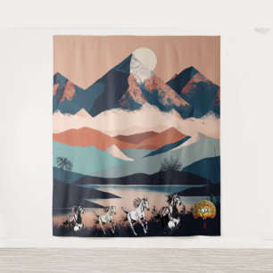 Minimalist Landscape Mountains & Running Horse -  Tapestry