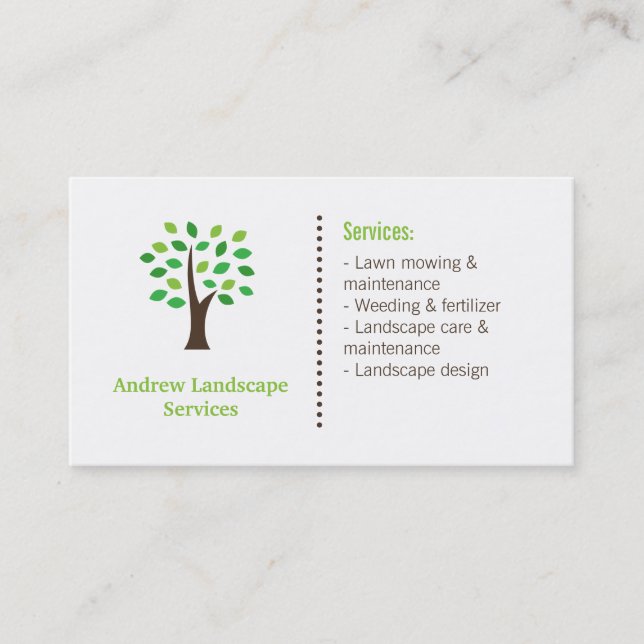 Minimalist Landscaping Services Green Tree Leaves Business Card (Front)