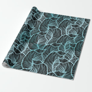 Minimalist Large Blue Leaves over Black Botanical Wrapping Paper
