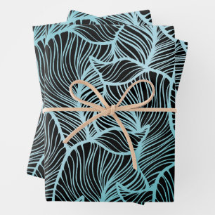 Minimalist Large Blue Leaves over Black Botanical Wrapping Paper Sheet