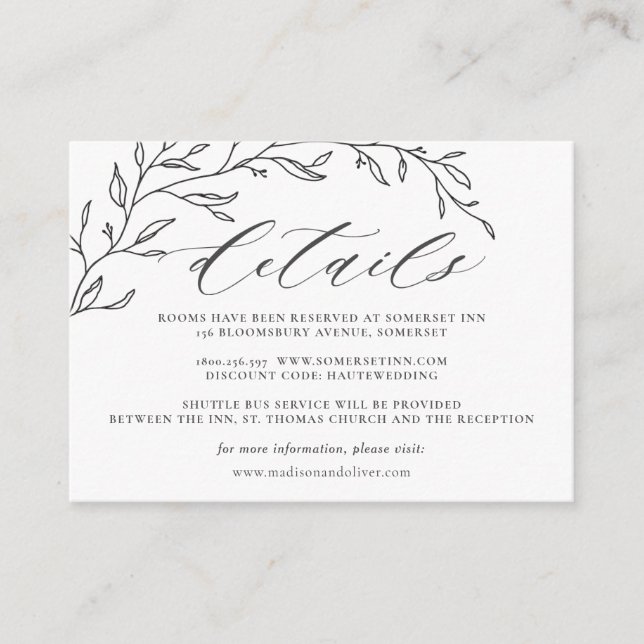 Minimalist Laurel Line Branch Wedding Details  Enclosure Card (Front)