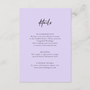 Minimalist Lavender Purple DETAILS Info Wedding Enclosure Card