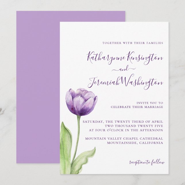 Minimalist Lavender Purple Tulip Wedding Invitation (Front/Back)