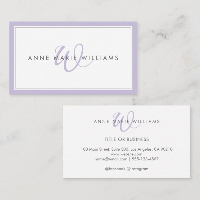 Minimalist Lavender Script Two Border Monogram Business Card (Front/Back)