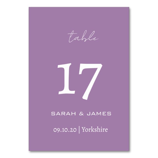 Minimalist Lavender Script Wedding Personalised  Table Number (Front)