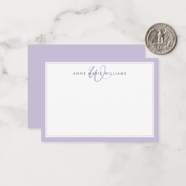 Minimalist Lavender Two Border Monogram Note Card (Front/Back In Situ)
