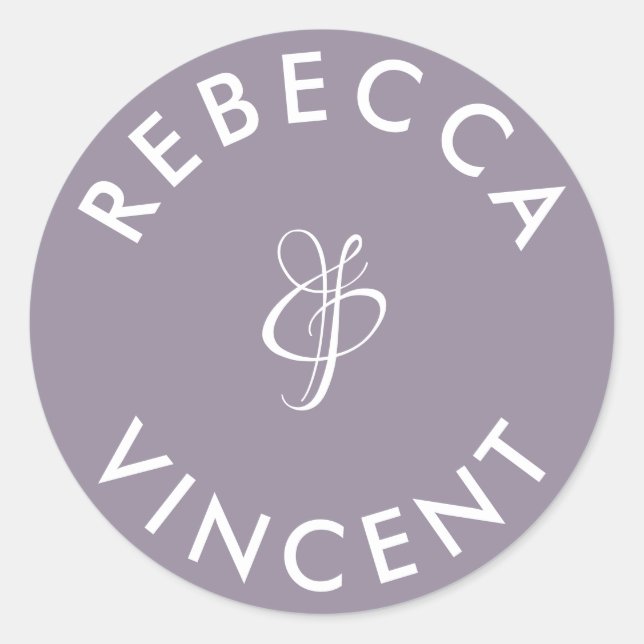 Minimalist Lavender Wedding Personalised Names Classic Round Sticker (Front)
