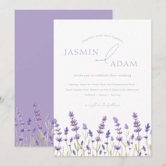  Minimalist Lavender Wildflowers Initials Wedding Invitation (Front/Back)