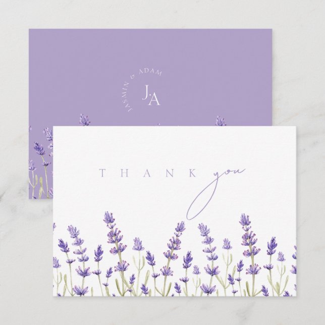 Minimalist Lavender Wildflowers Initials Wedding Thank You Card (Front/Back)