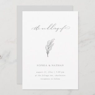 Minimalist Leaf   Elegant White and Gray Wedding Invitation
