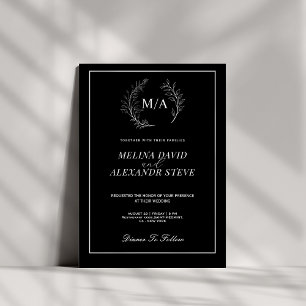 Minimalist leaf monogram black and white wedding invitation