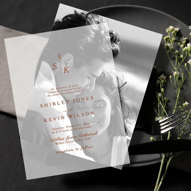 Minimalist Leaf Monogram Terracotta Modern Wedding Vellum Invitations (Creator Uploaded)