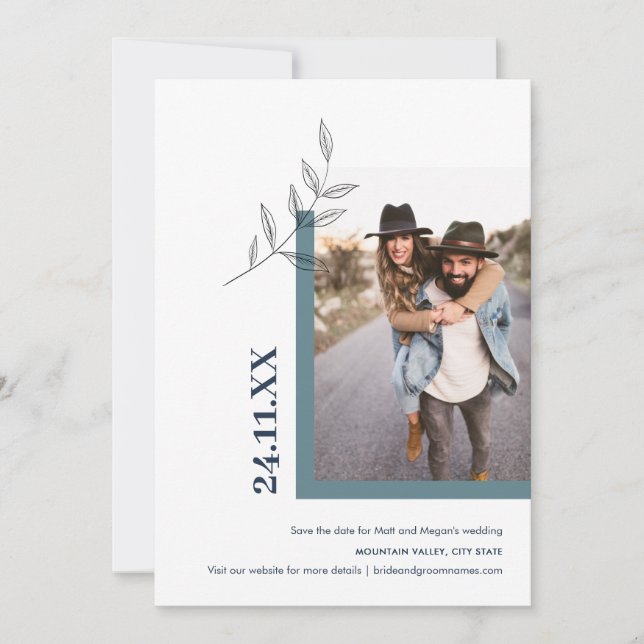 Minimalist Leaf Nature Outdoor Photo Green Save The Date (Front)