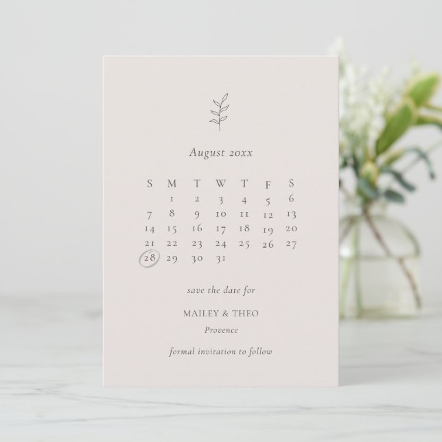 Minimalist Leaf Pink Black Calendar Save The Date (Standing Front)