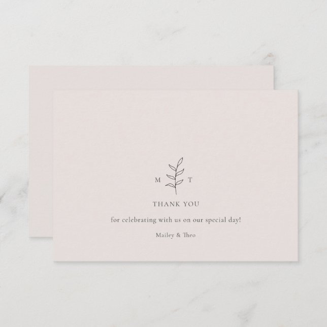 Minimalist Leaf Pink Black Wedding Thank You Card  (Front/Back)