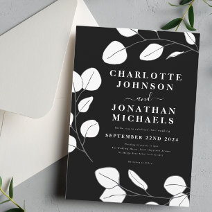 Minimalist Leaf Stylish Black and White Invitation