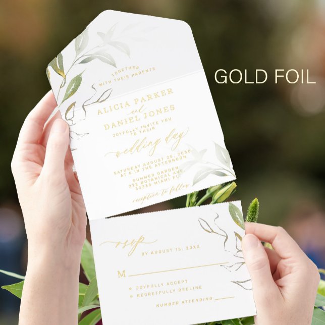 Minimalist leafy greenery gold green white wedding all in one invitation (Creator Uploaded)