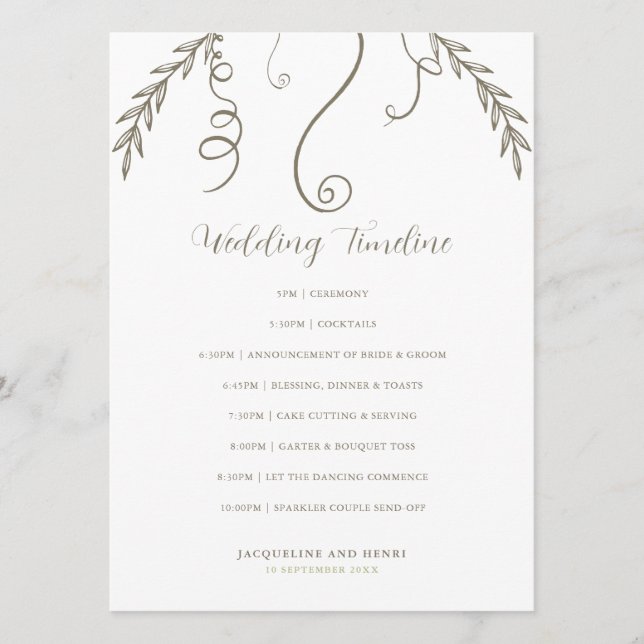 Minimalist Leaves and Vines Wedding Timeline Programme (Front)