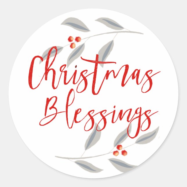 Minimalist Leaves & Berries Christmas Blessings Classic Round Sticker (Front)