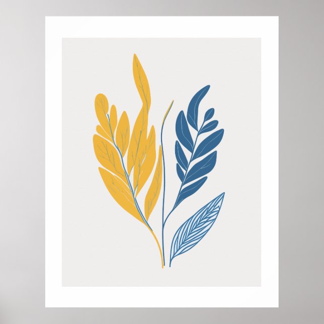Minimalist Leaves Illustration in blue & yellow Poster (Front)