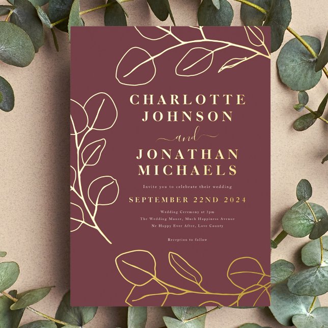 Minimalist Leaves Modern Stylish Burgundy and Gold (Minimalist eucalyptus leaves modern stylish burgundy and gold foil wedding invitation )
