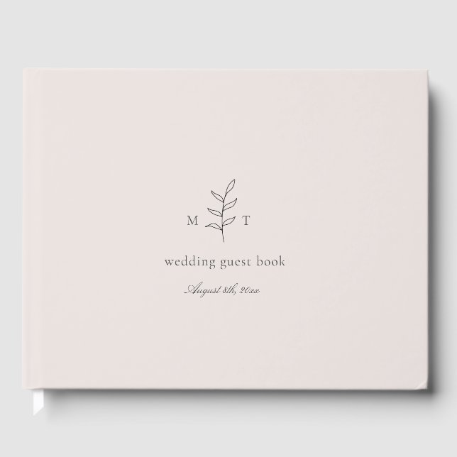 Minimalist Leaves Monogram Pink Wedding Guest Book (Front)