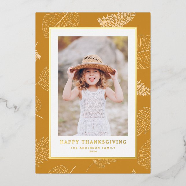 Minimalist Leaves Pattern Happy Thanksgiving Photo Foil Holiday Card (Front)
