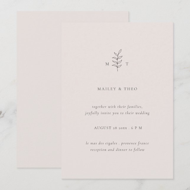Minimalist Leaves Pink Black Wedding Invitation (Front/Back)