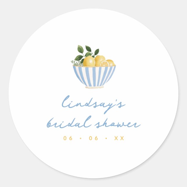 Minimalist Lemons Blue & Yellow Bridal Shower Classic Round Sticker (Front)