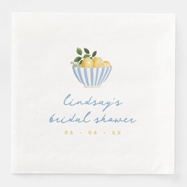 Minimalist Lemons Blue & Yellow Bridal Shower Napkin (Front)