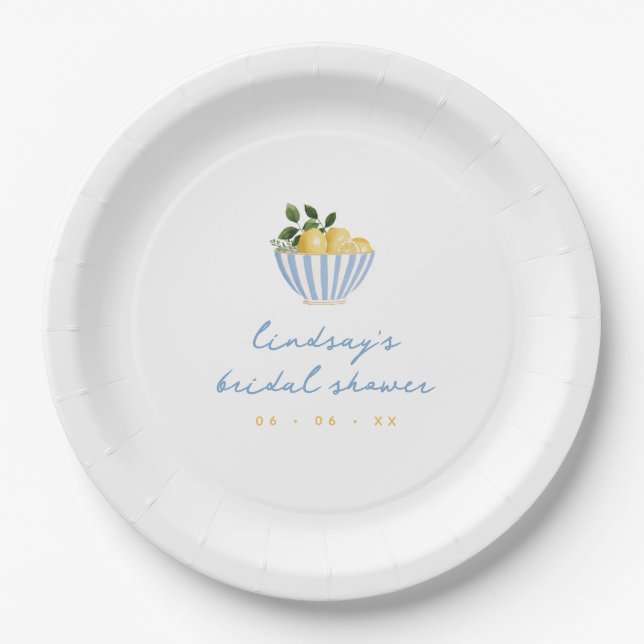 Minimalist Lemons Blue & Yellow Bridal Shower Paper Plate (Front)