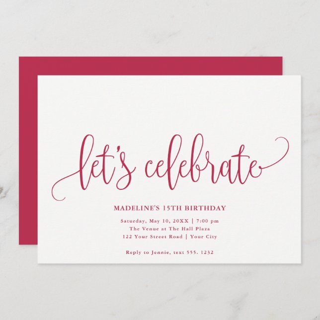 Minimalist "Let's Celebrate" Magenta Invitation (Front/Back)